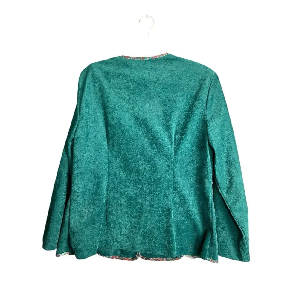 Pablo Collection Faux Suede Knit Blazer Women's 14 Button Up Green Paisley Trim